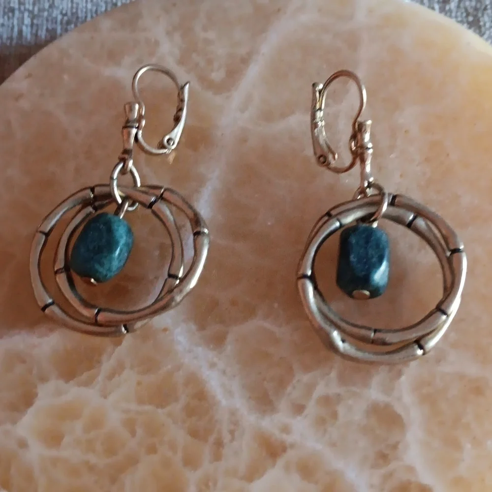 Gold Tone Dangle Jade Lever Back Earrings